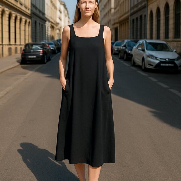 Eileen Fisher Black Silk Georgette Midi Dress Sleeveless Square Neck Pockets new - Picture 1 of 8